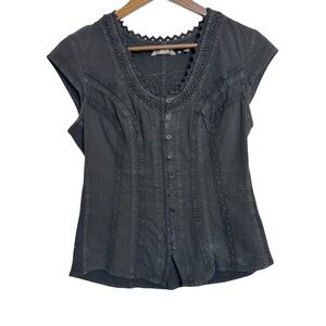Soft Surroundings Black Button-Up Blouse with Embroidered Details 100% Cotton